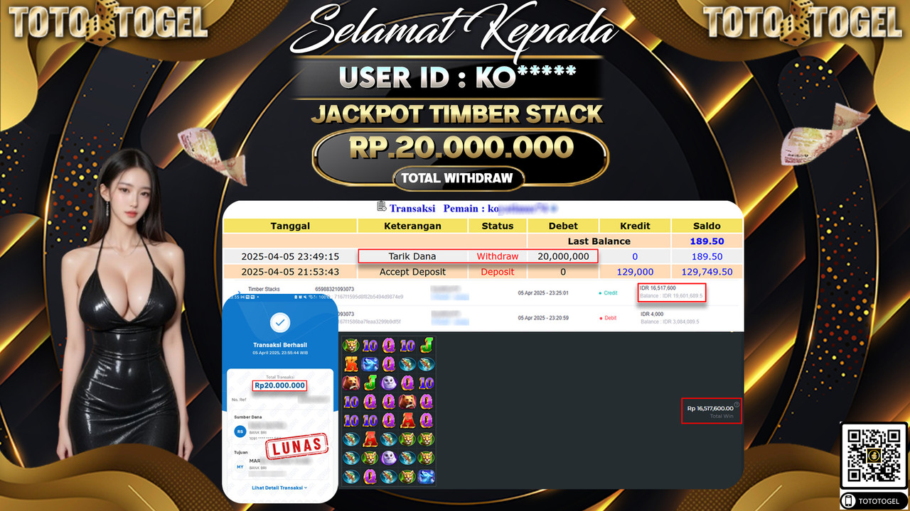 Bukti Pembayaran Jackpot  Permainan Slot Timber Stack ID:KO***** LUNAS