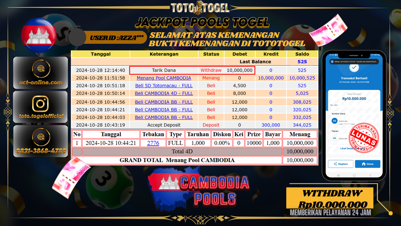 Bukti Pembayaran Permainan Jackpot Togel Pools Cambodia ID : TKI*** LUNAS
