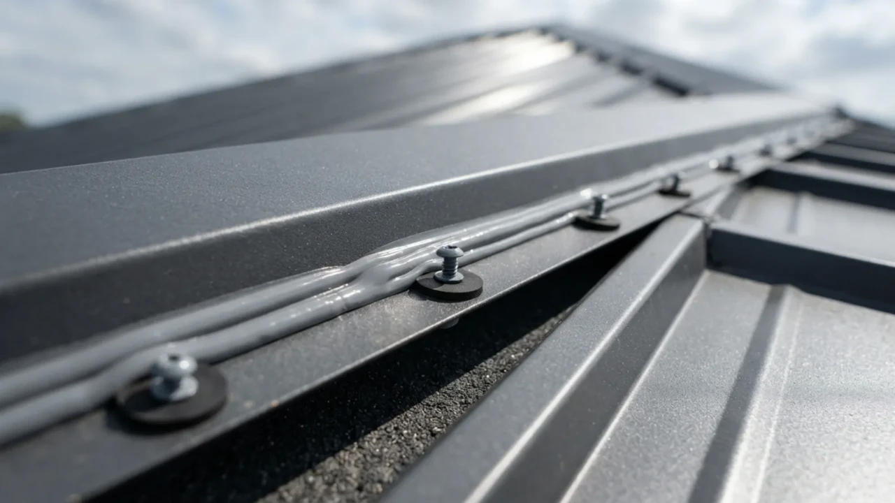Metal roof ridge cap flashing installation showing double butyl tape sealant bead and fastener pattern