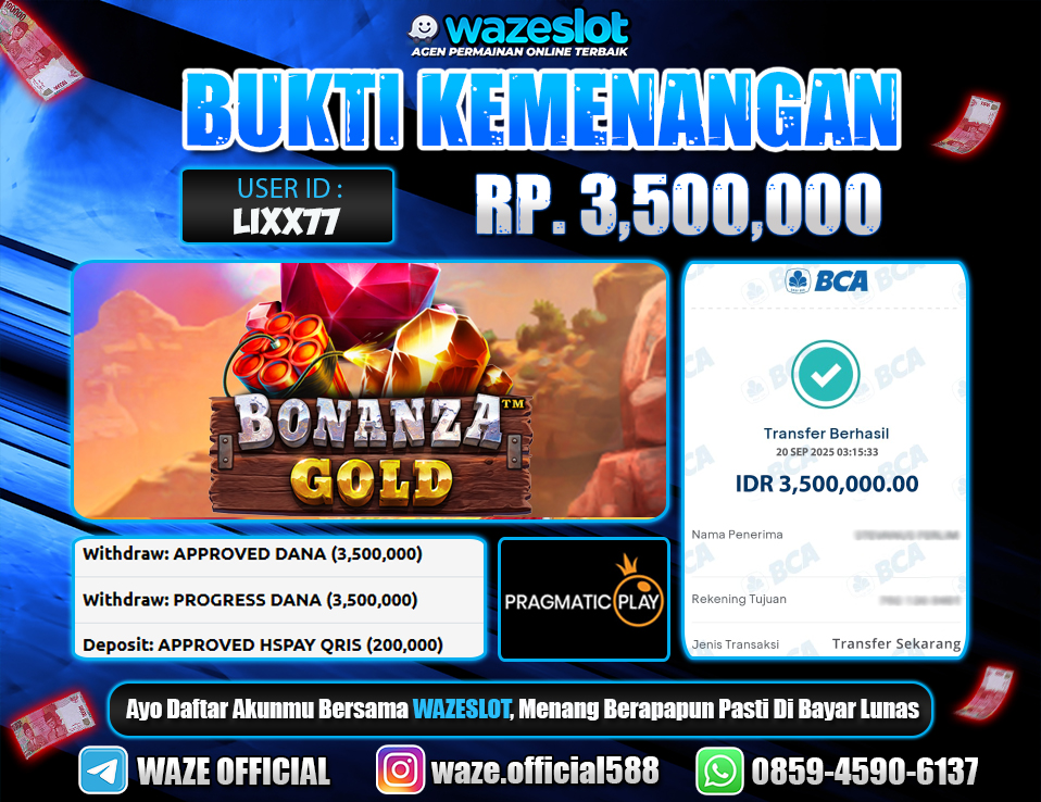 BUKTI KEMENANGAN 20 SEPTEMBER 2025 BONANZA GOLD ( PRAGMATIC PLAY )