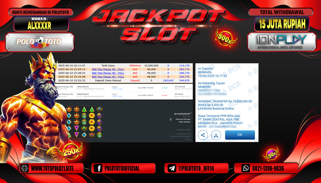 POLOTOTO JACKPOT SLOT GATES OF OLYMPUS 1000 Rp.15.000.000,- LUNAS