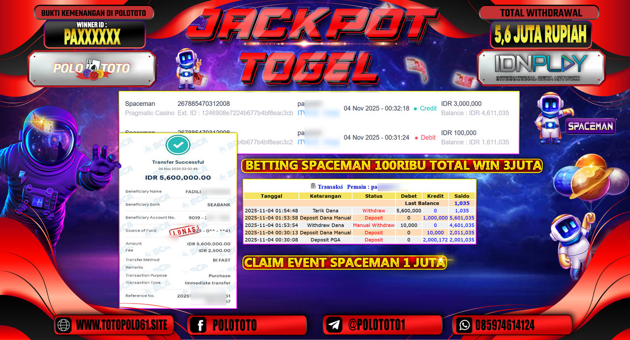 POLOTOTO JACKPOT SLOT SPACEMAN Rp.5.600.000,- LUNAS