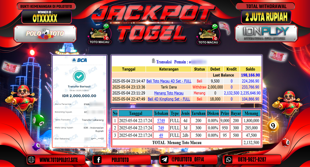 POLOTOTO JACKPOT TOGEL TOTOMACAU 4D Rp.2.000.000,- 