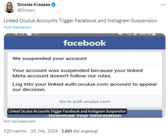 Facebook-Kontensperren wegen Oculus Facebook-Kontensperren wegen Oculus
