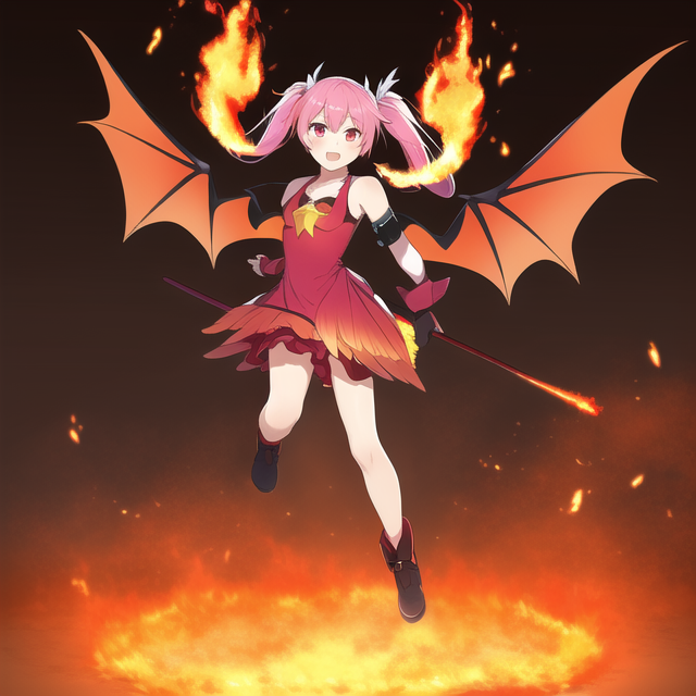 Best quality, masterpiece, twintail, pink hair, demon girl, flame, red dress, fe s-4202567584