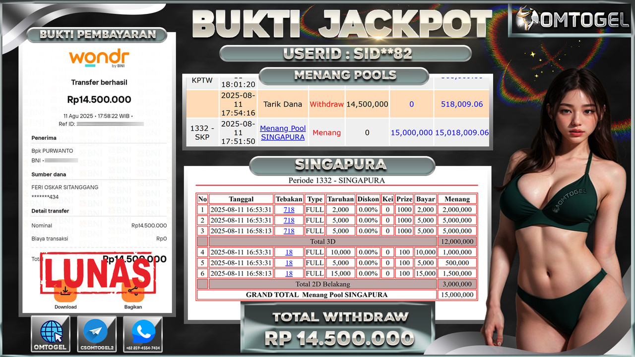 OMTOGEL JACKPOT SINGAPURA 3D 2D 14 JUTA DI BAYAR LUNAS ,-