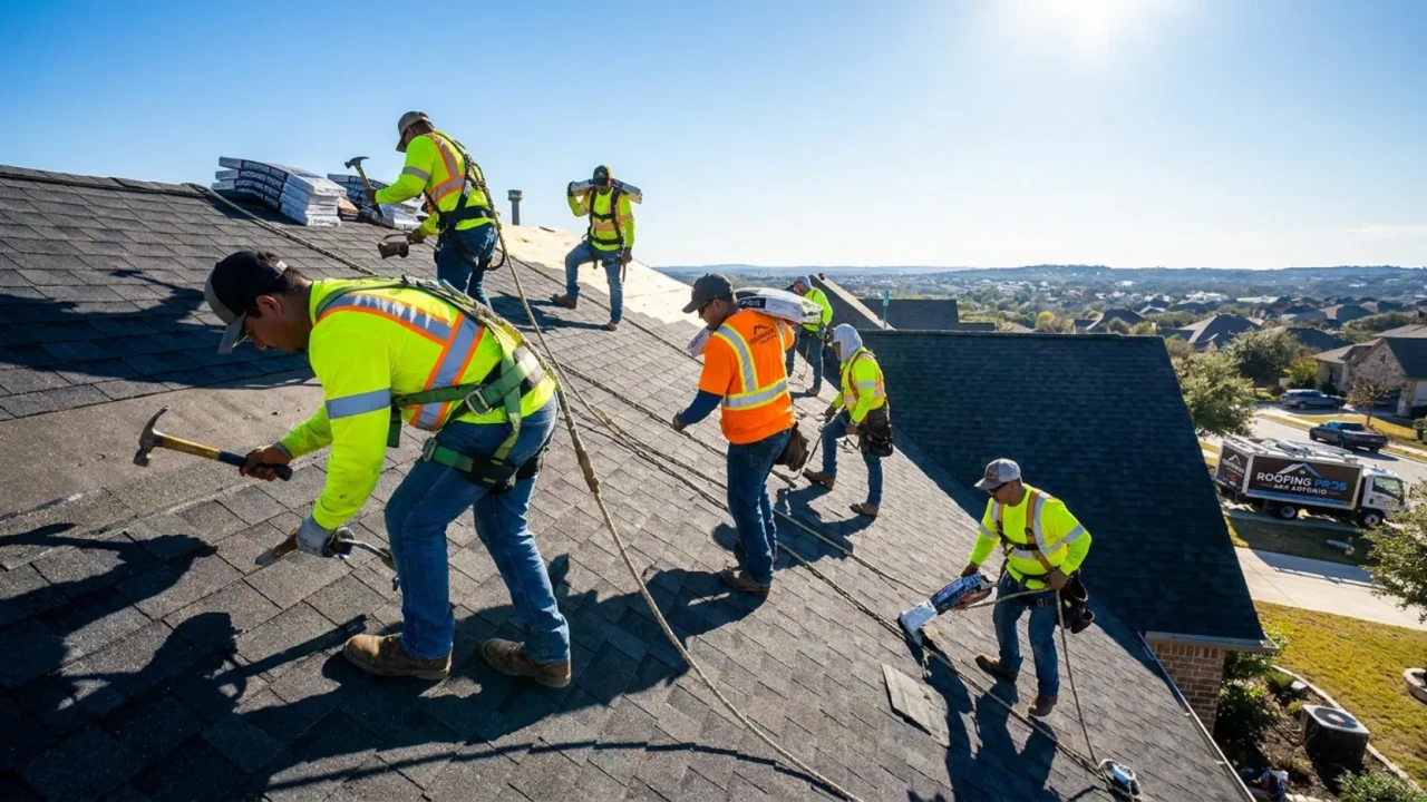 Professional roofing crew with safety harnesses working on steep pitch San Antonio roof