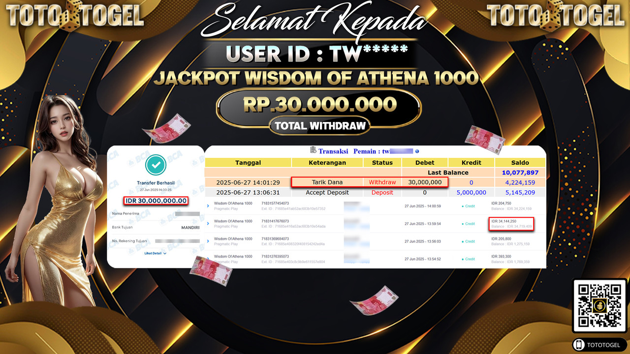 Bukti Pembayaran Jackpot Permainan Slot Wisdom Of Athena 1000 ID:TW***** LUNAS