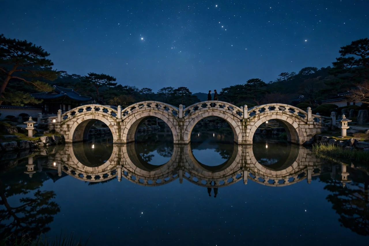 밤의 오작교와 수면 반영.
