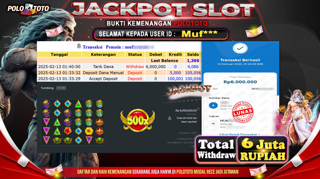 POLOTOTO JACKPOT SLOT GATES OF OLYMPUS 1000 Rp.6.000.000,-