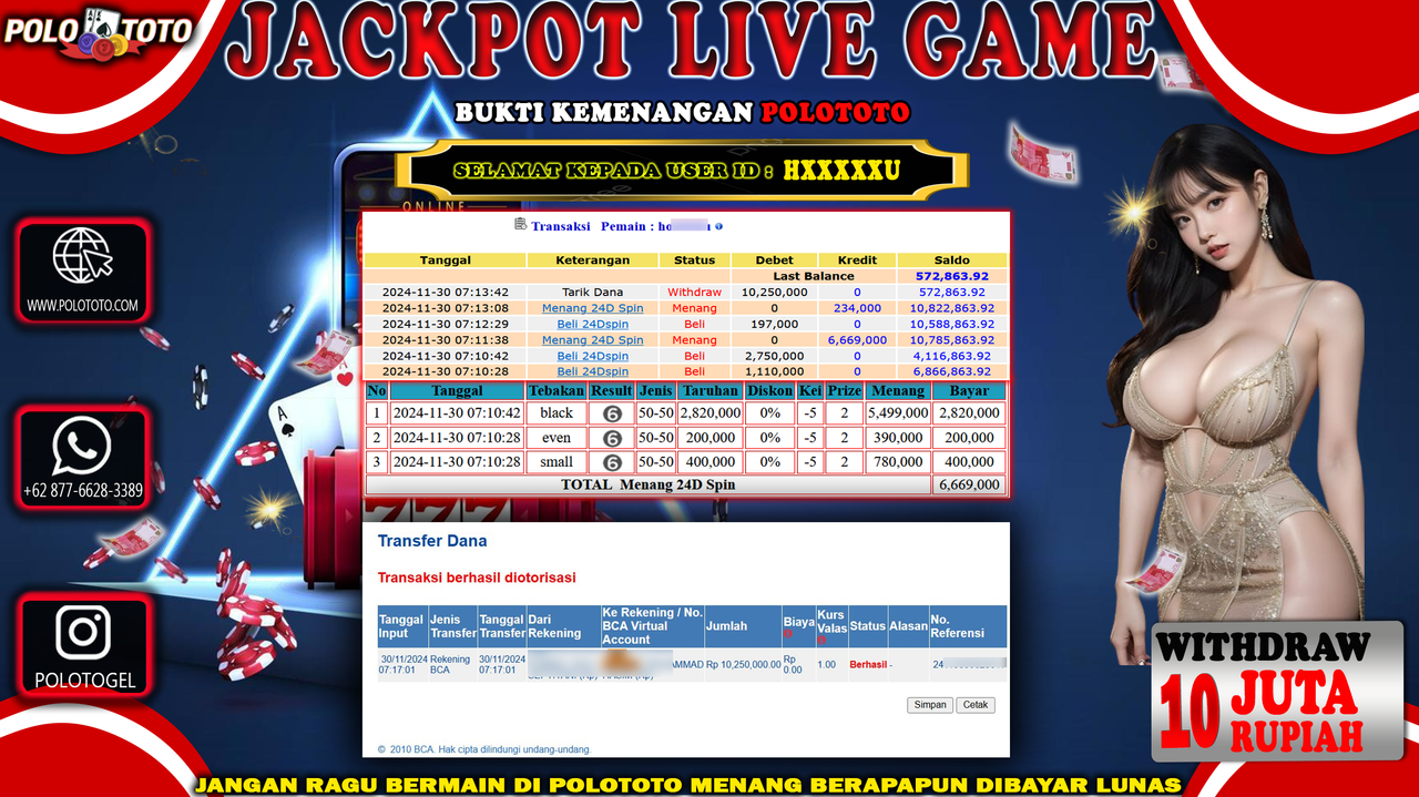 POLOTOTO JACKPOT LIVE GAME 24DSPIN Rp.10,250.000,-