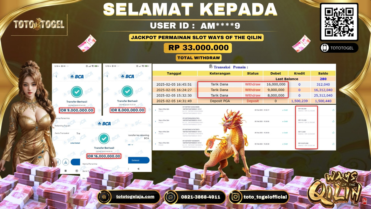Bukti Pembayaran Jackpot  Permainan Slot Ways Of The Qilin  ID:AM****9  LUNAS