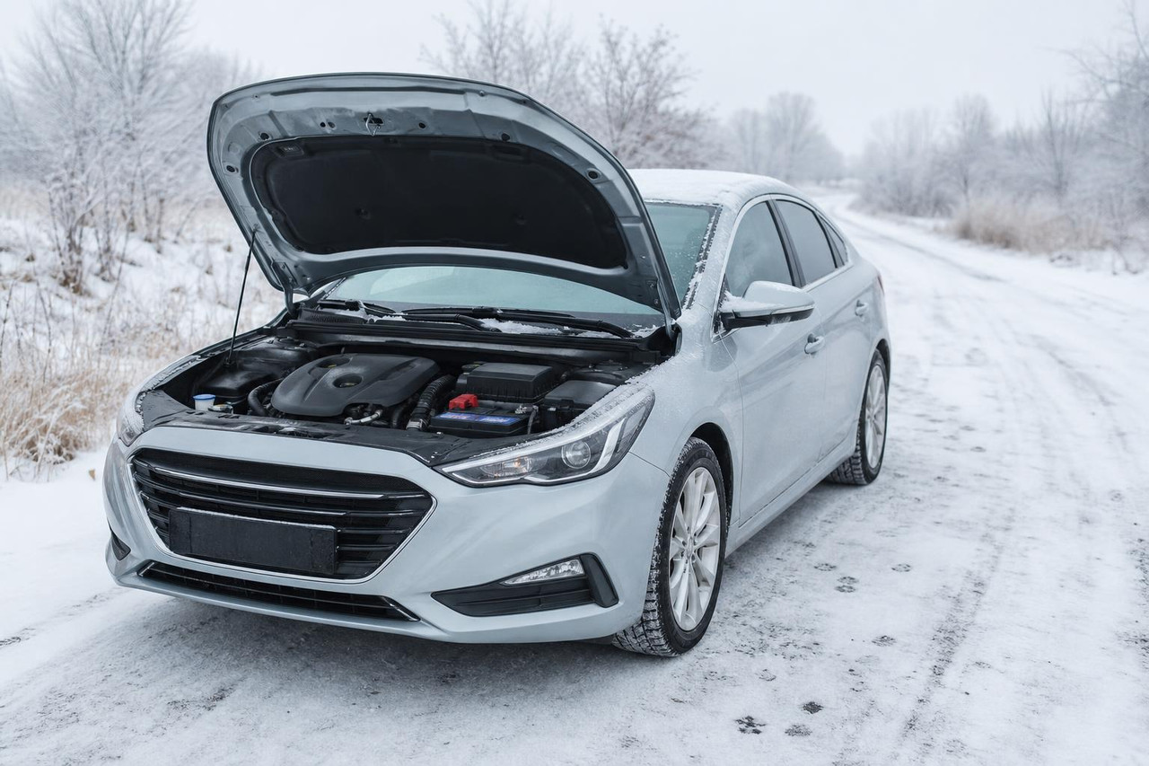 Автомобиль зимой на заснеженной дороге с открытым капотом для проверки батареи