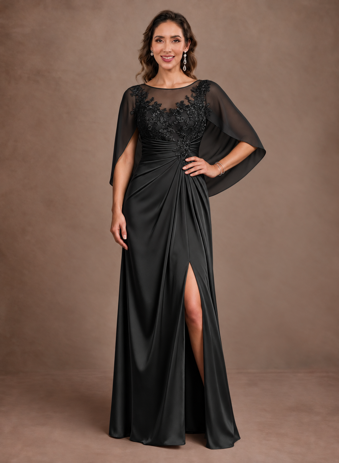 A-Line Stretch Satin Scoop Neck Cape Sleeve Mother of the Bride Dress with Zipper Back