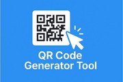 QR Code Generator Tool Screenshot - Blue background with QR code example and pointer icon