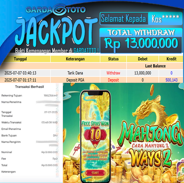 JACKPOT SLOT MAIN DI SLOT MAHJONG WAYS 2 WD Rp 13.000.000,- DIBAYAR LUNAS GARDATOTO MANTAP !
