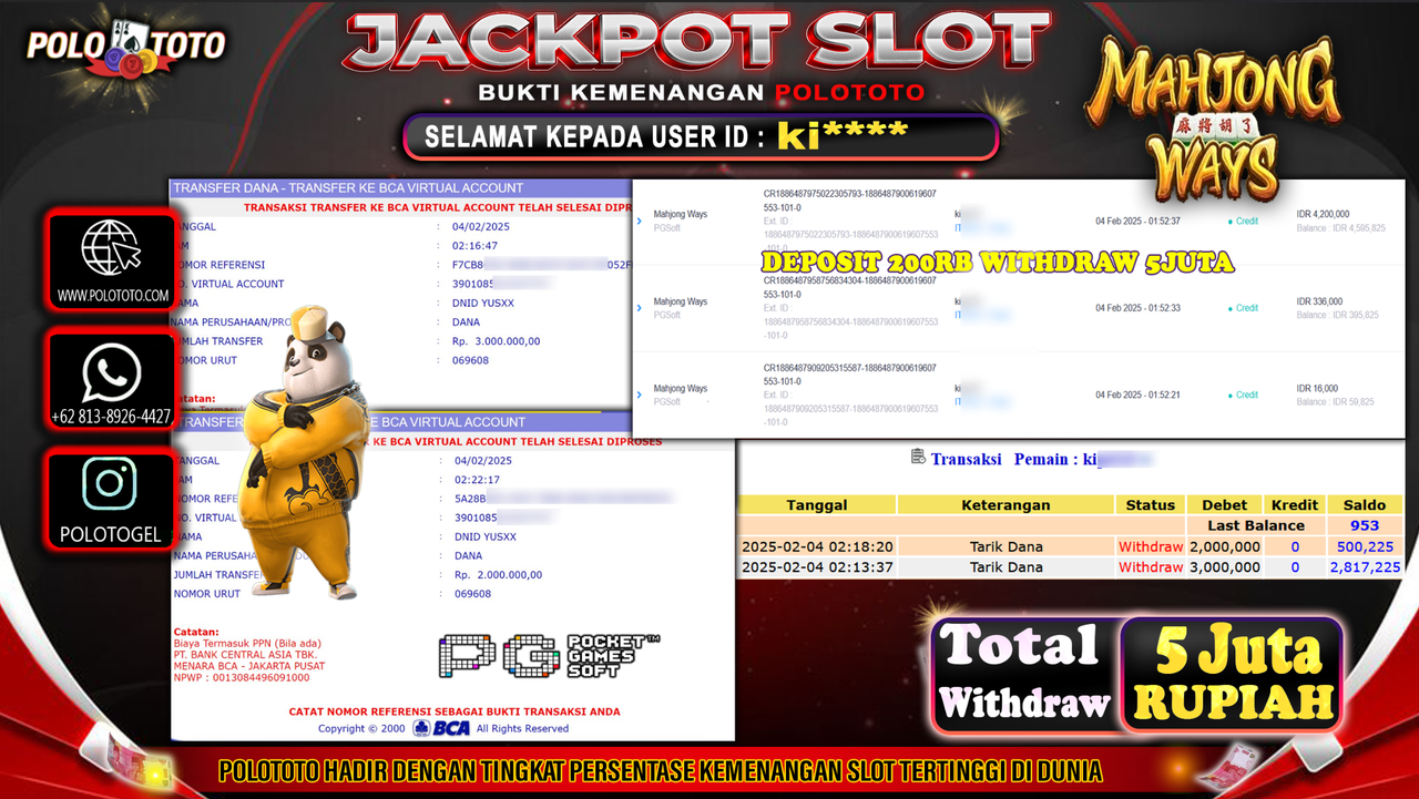 POLOTOTO JACKPOT SLOT MAHJONG WAYS Rp.5,000.000,-