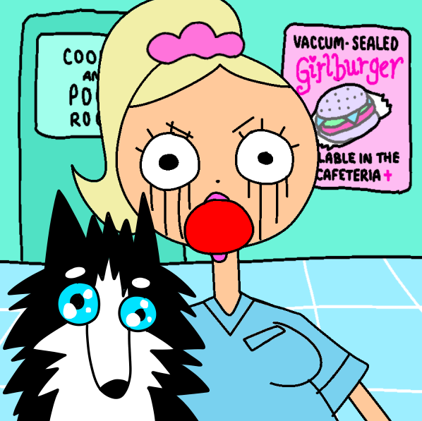 Kendall crying with mascara running down her face as she srtands next to a dog in the middle of the hospital she works in