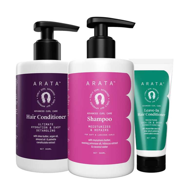 Arata Advanced Curl Care Hair Shampoo (300ml), Rinse-Out Conditioner (300ml) & Leave-In Conditioner (100ml)