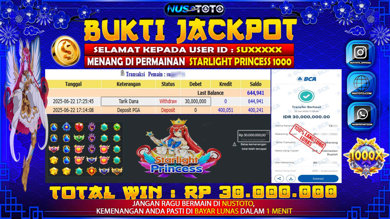 JACKPOT !! MENANG BESAR DI SLOT STARLIGHT PRINCESS 1000 Rp. 30.000.000 LANGSUNG DI BAYAR LUNAS NUSTOTO !!