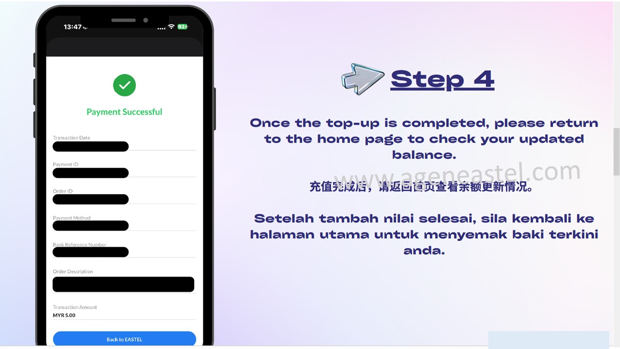 Step 4 topup berjaya dalam aplikasi Eastel