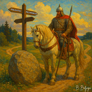 Prince Vladimir, in full battle armor on horseback, stands at a crossroads with signs: “Pechenegs” and “Polovtsy”.