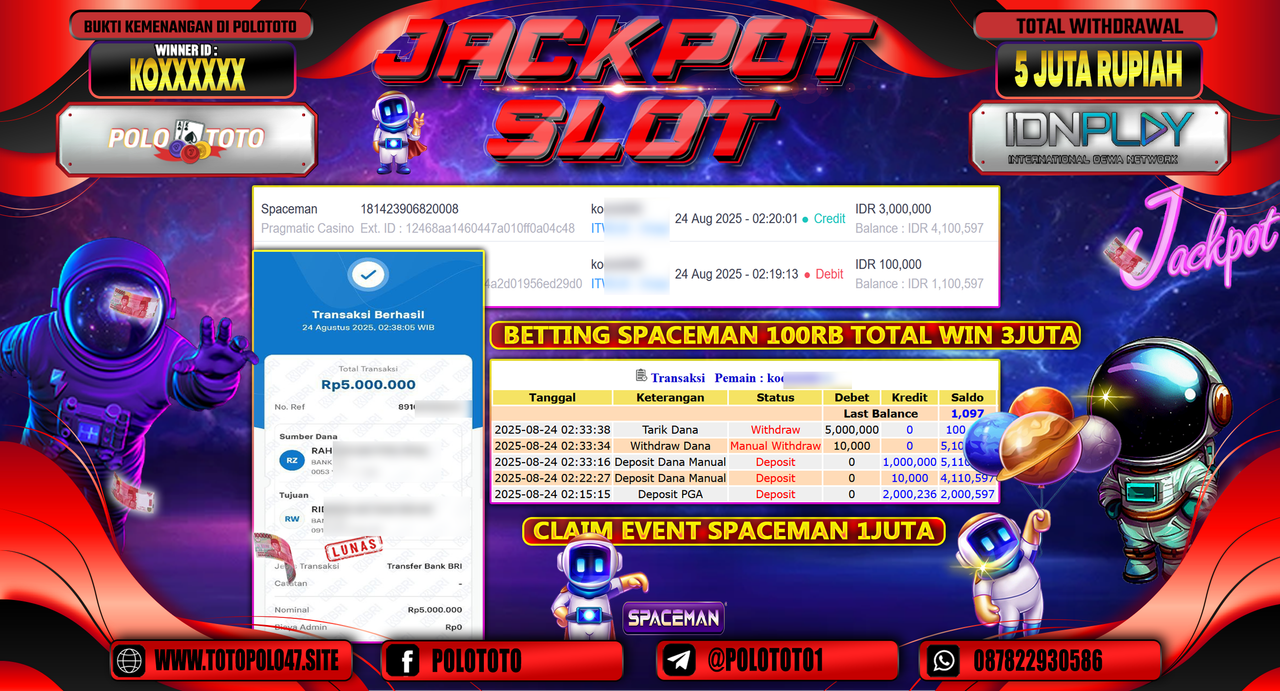 POLOTOTO JACKPOT SLOT SPACEMAN Rp.5.000.000,-