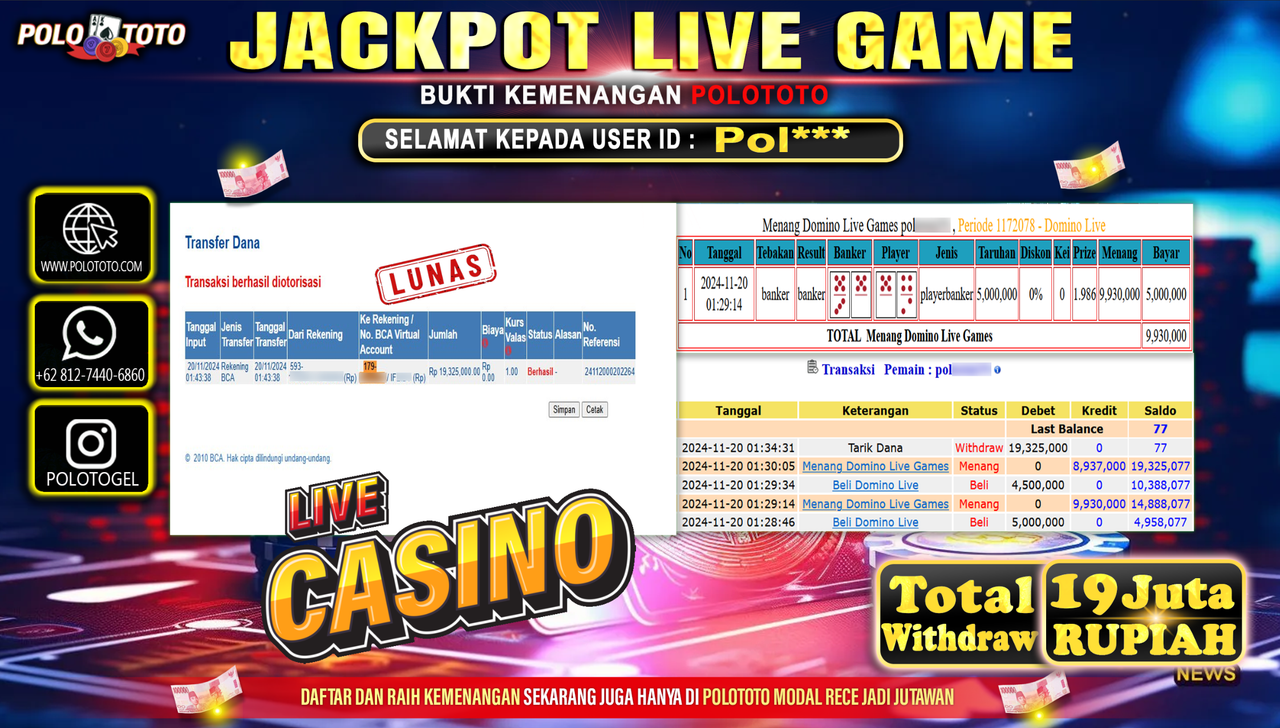 POLOTOTO JACKPOT LIVE GAMES DOMINO Rp.19.000.000,-