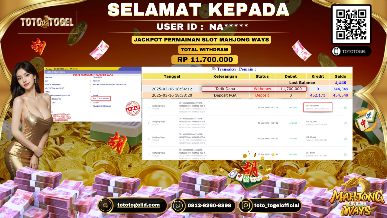 Bukti Pembayaran Jackpot  Permainan Slot Mahjong Ways ID:NA***** LUNAS