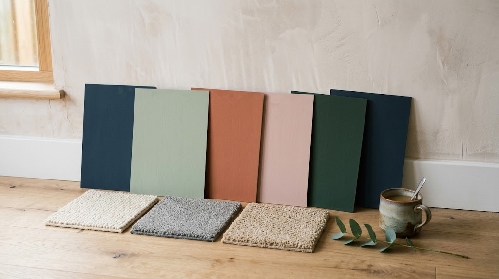 Paint colour sample boards in heritage tones with carpet samples on the floor — Home Style brings the samples to your home for a free colour consultation
