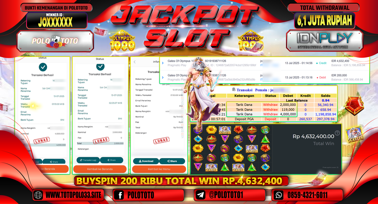 POLOTOTO JACKPOT SLOT GATES OF OLYMPUS 1000 Rp.6.119.000,-