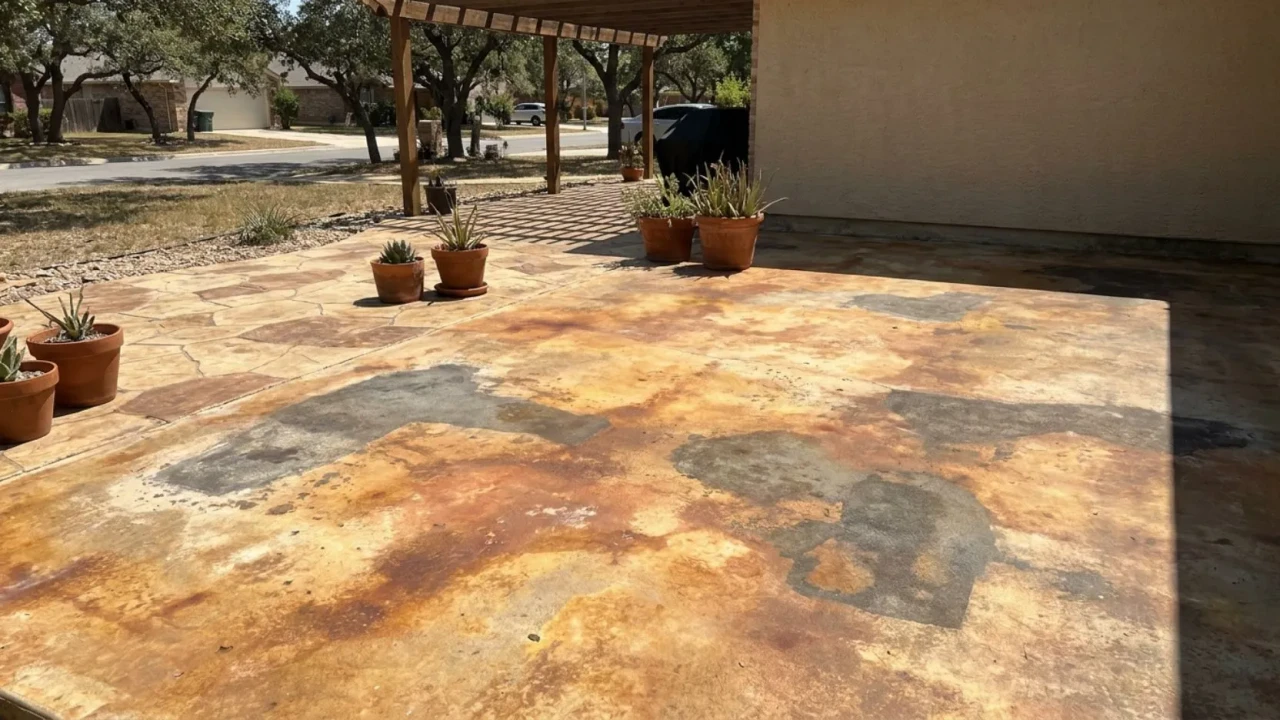 Completed concrete patio stain job in San Antonio showing color blending over old patched areas  antique acid-stain finish unifies mismatched gray repairs into a single cohesive surface