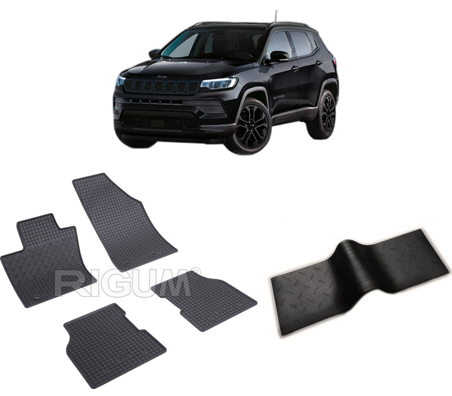 Set covorase auto JEEP COMPASS MHEV din 2021-PREZENT, cu covoras tunel median, CAROSERIE SUV, Presuri cauciuc 100%, compatibil cu autoturismul JEEP COMPASS MHEV, Rigum