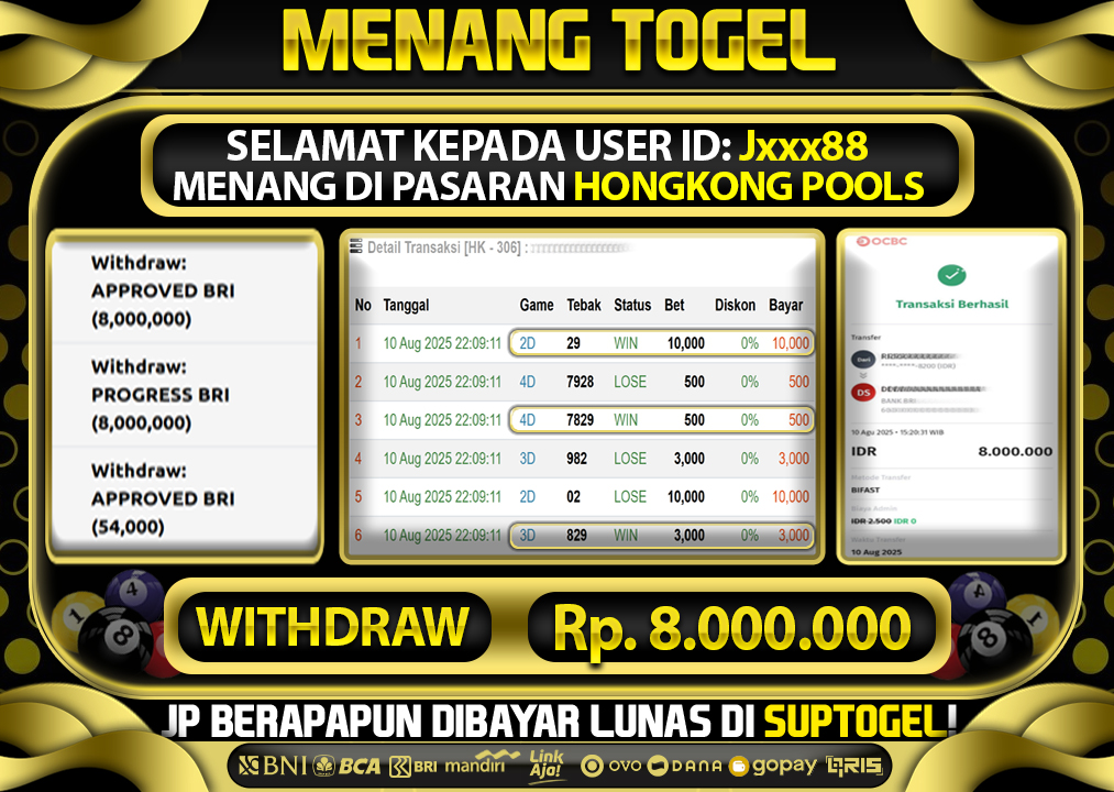  BUKTI KEMENANGAN 10 AGUSTUS 2025 MENANG DI PASARAN HONGKONG POOLS  TOTAL WD 8 JUTA