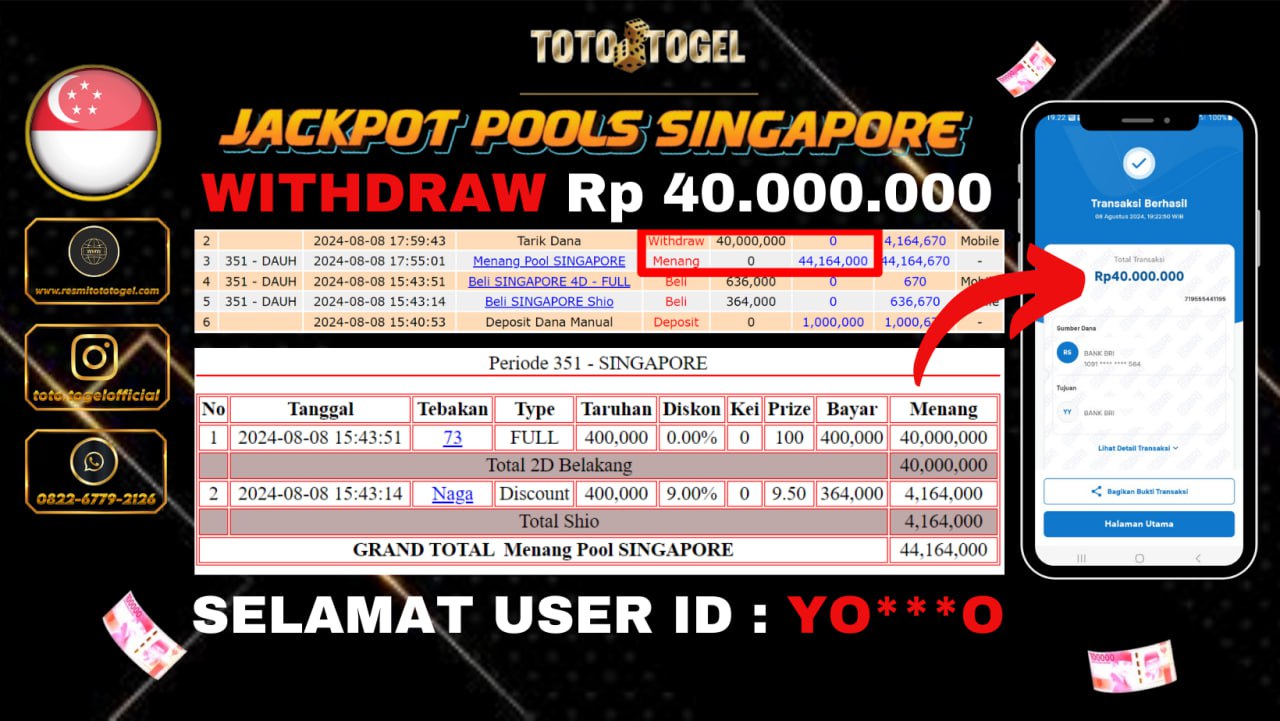 Bukti Pembayaran Permainan Pools Singapore Dengan ID : YO***O LUNASS