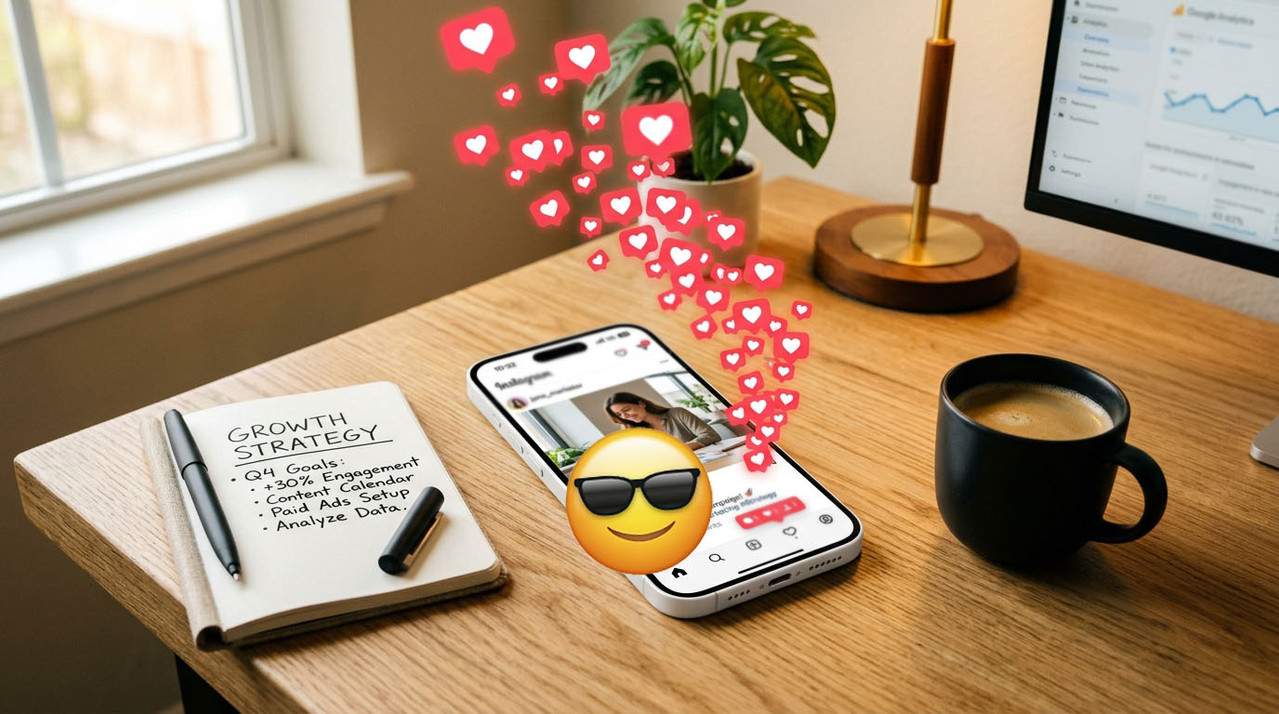 Schermo di un iPhone che riceve notifiche di Mi Piace su Instagram, appoggiato su una scrivania minimalista da social media manager.