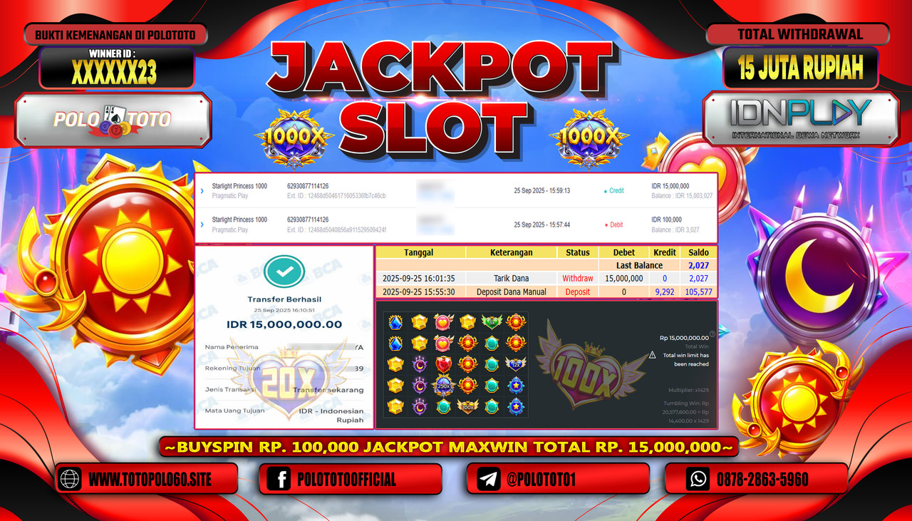 POLOTOTO JACKPOT SLOT STARLIGHT PRINCESS 1000 Rp.15.000.000,- LUNAS