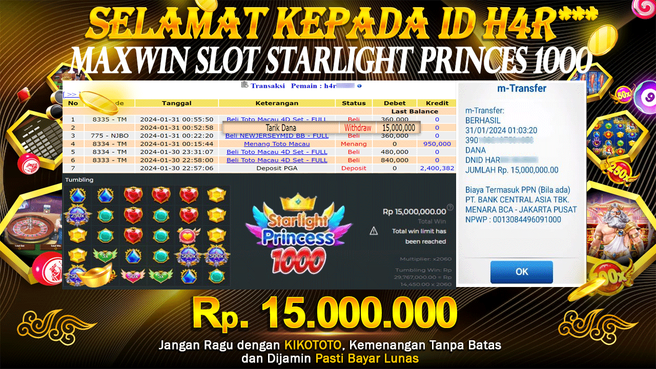 MAXWIN !!! MENANG BELASAN JUTA DI SLOT STARLIGHT PRINCESS 1000 SEBESAR Rp 50,000,000 LANGSUNG DI BAYAR KIKOTOTO !!!!