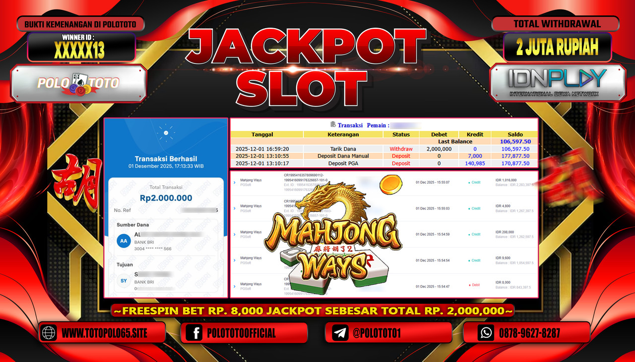 POLOTOTO JACKPOT SLOT MAHJONG WAYS Rp.2.0000.000,- LUNAS