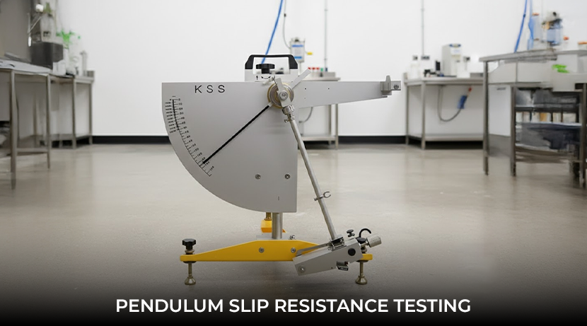 Pendulum slip resistance test (PTV) being performed in a lab on a floor surface.