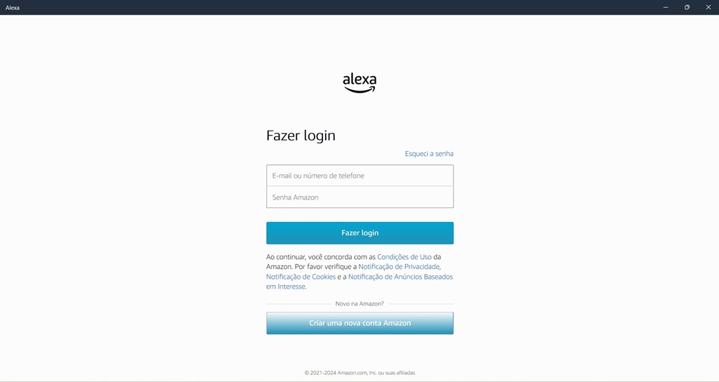 Tela de login do aplicativo Alexa. Imagem: reprodução.