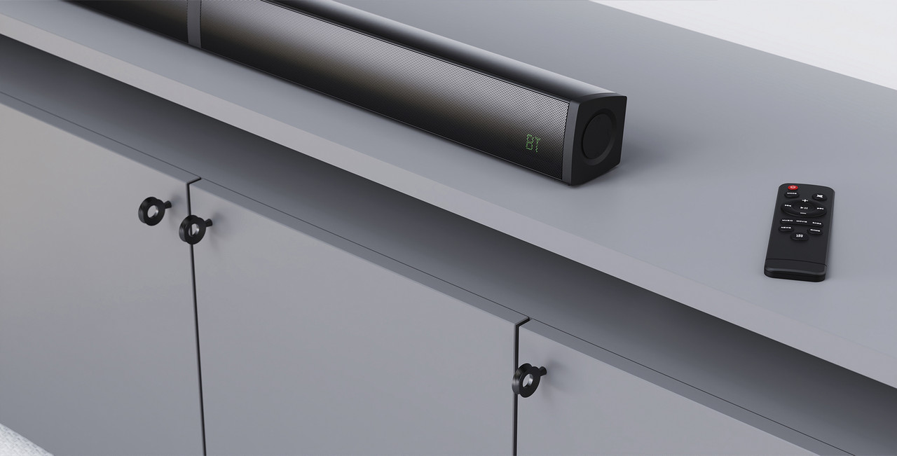 Barra de sonido Klip Xtreme Boombar Air junto a su subwoofer inalámbrico.