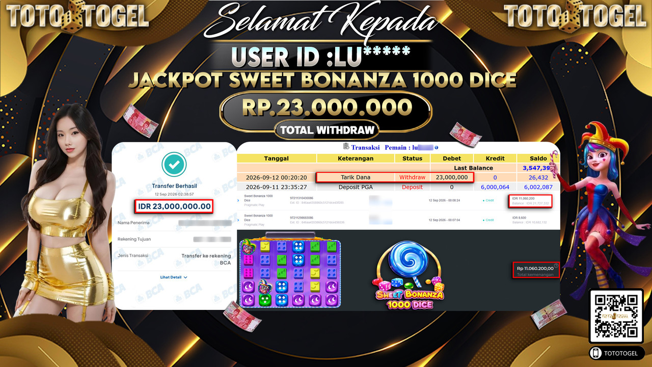 Bukti Pembayaran Jackpot Slot Sweet Bonanza 1000 Dice  ID:LU*****LUNAS