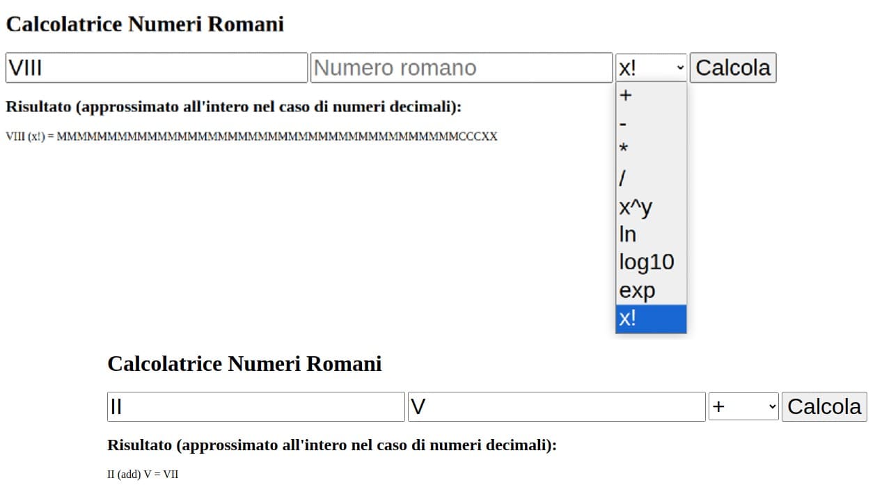 calcolatrice numeri romani - HTML e JavaScript