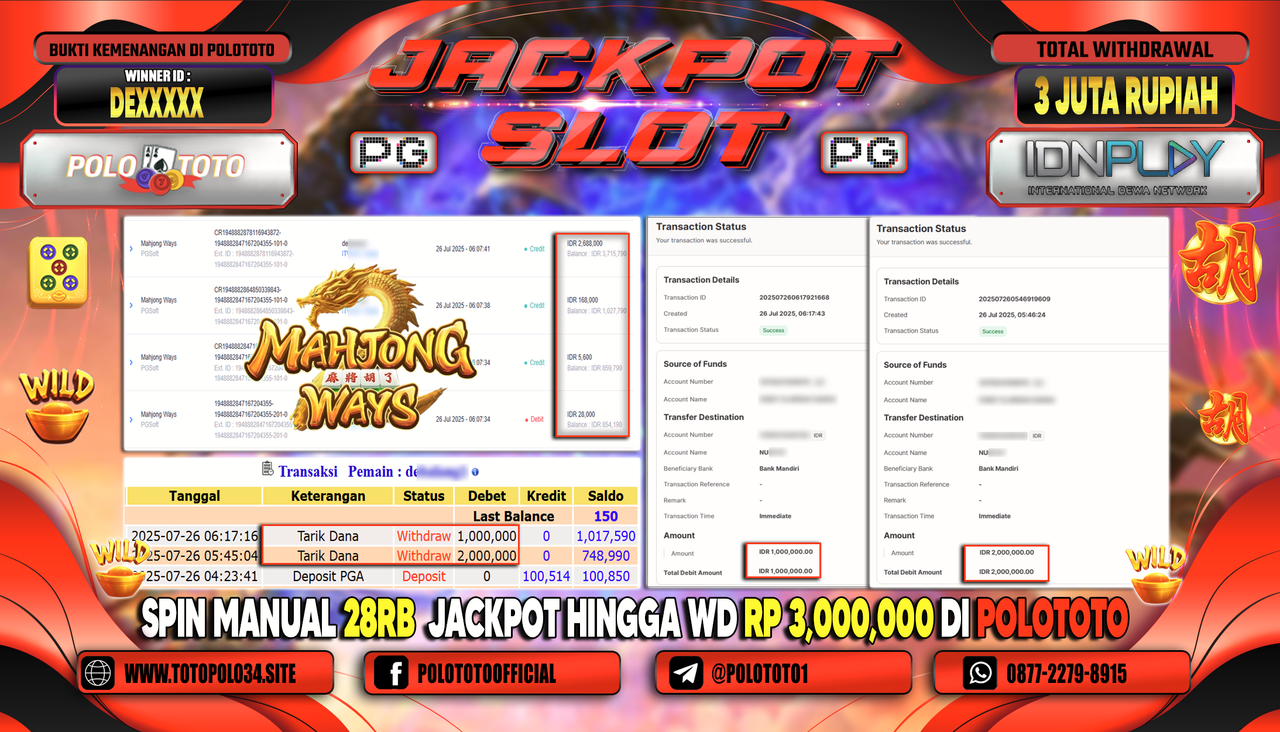 POLOTOTO JACKPOT SLOT MAHJONG WAYS Rp.3.000.000,-LUNAS