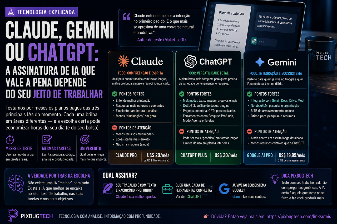 Claude, Gemini ou ChatGPT: a assinatura de IA que vale a pena depende menos do robô e mais do jeito que você trabalha