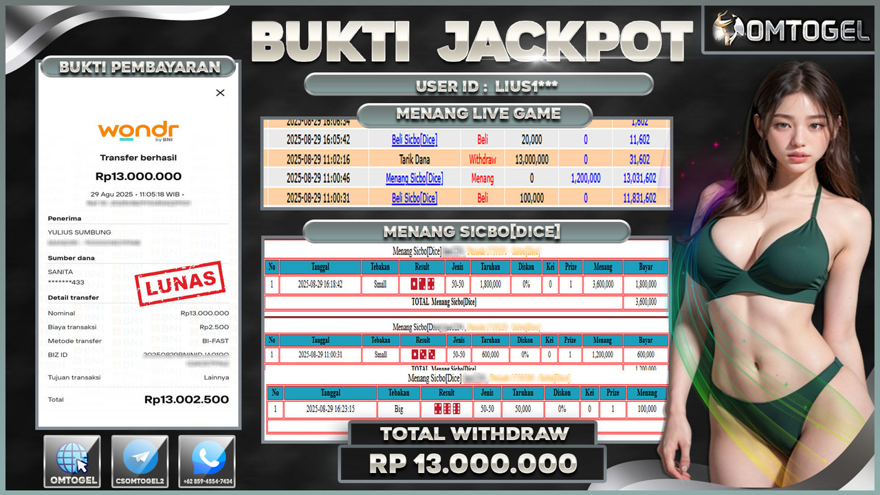 OMTOGEL JACKPOT LIVE GAMES SICBO DICE 13 JUTA DI BAYAR LUNAS ,-