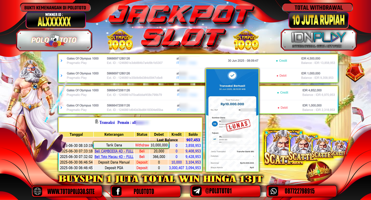 POLOTOTO JACKPOT SLOT GATES OF OLYMPUS 1000 Rp.10.000.000,-