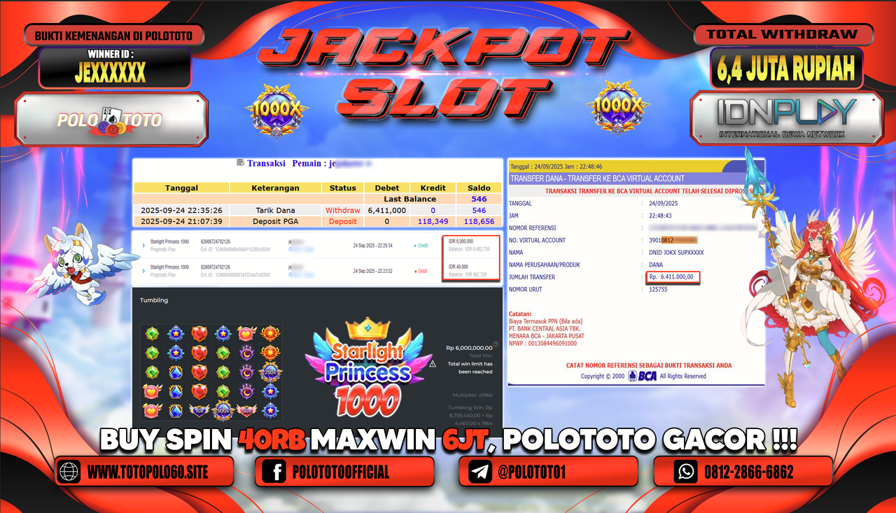POLOTOTO JACKPOT SLOT STARLIGHT PRINCESS 1000 Rp.6.400.000,- LUNAS