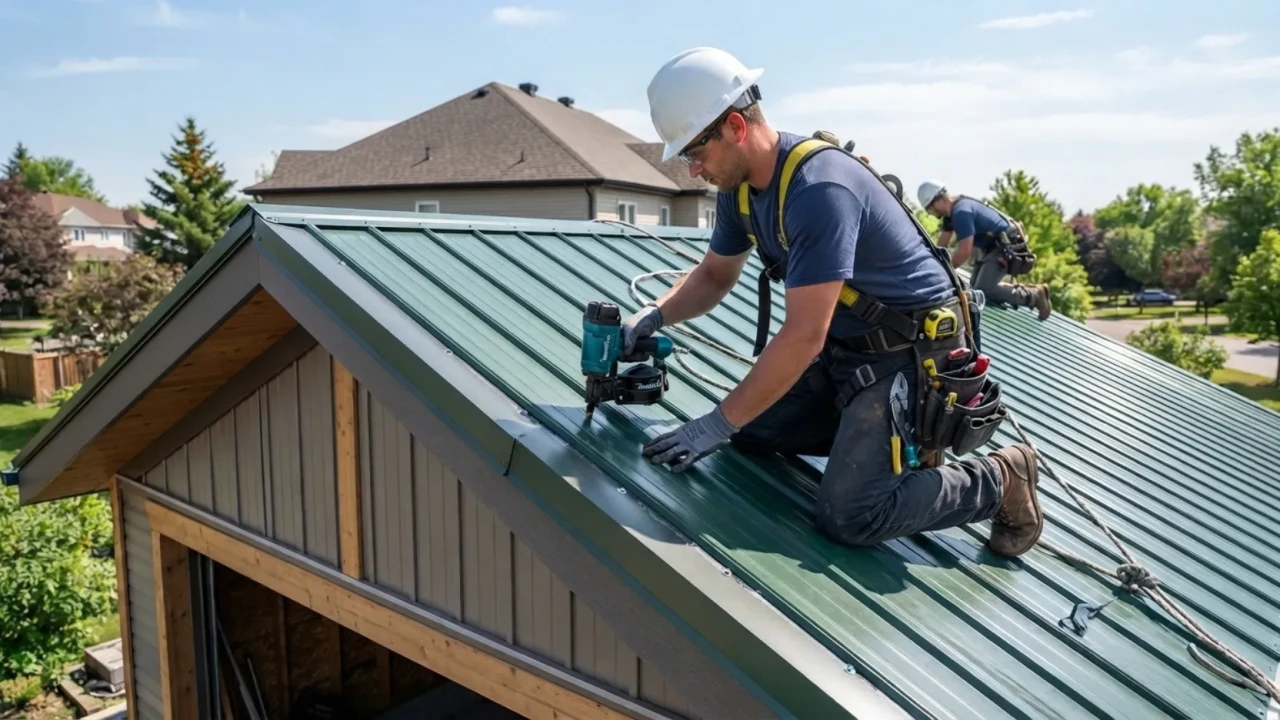 Roofing contractor installing metal panels on a garage roof with proper flashing